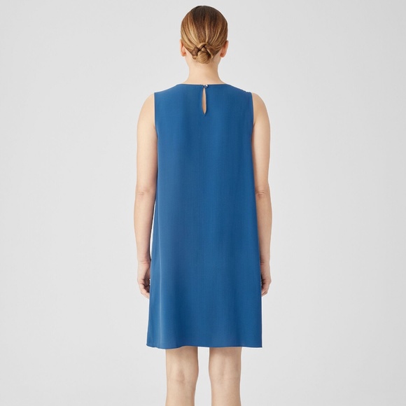 EILEEN FISHER Silk Georgette Crepe Round Neck Dress in Atlantis Blue Size XL - Picture 3 of 3